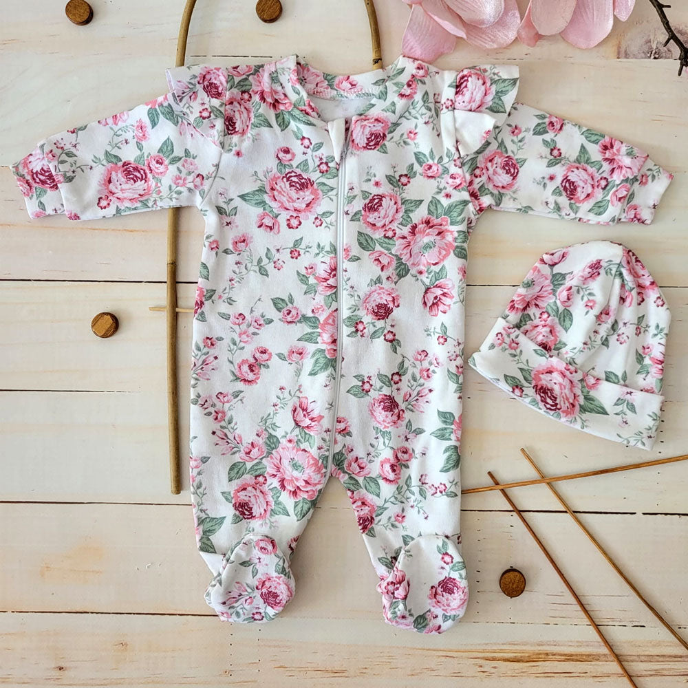 2PCS Comfy Floral Printed Zipper Long Sleeve Baby Girl Jumpsuit