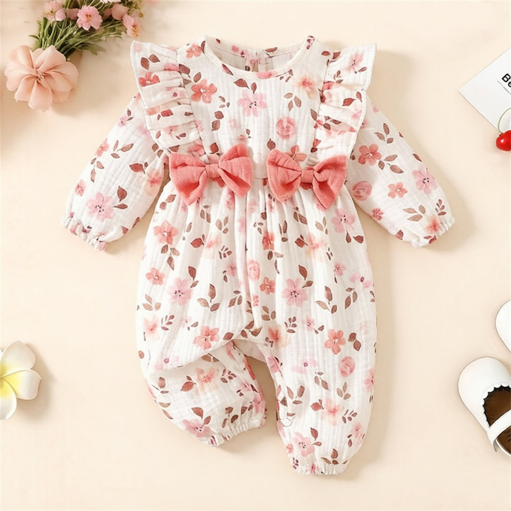 Classy Floral Printed Ruffle Long Sleeve Baby Jumpsuit