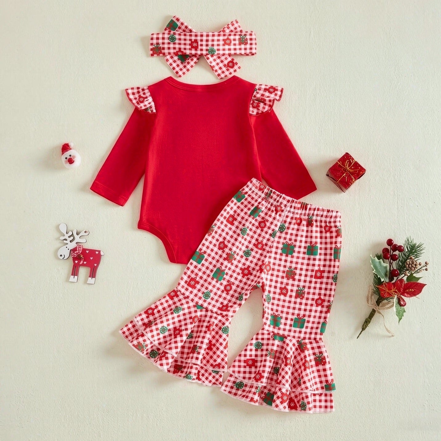 3PCS Sweet My 1st Christmas Letter Plaid Printed Long Sleeve Baby Set