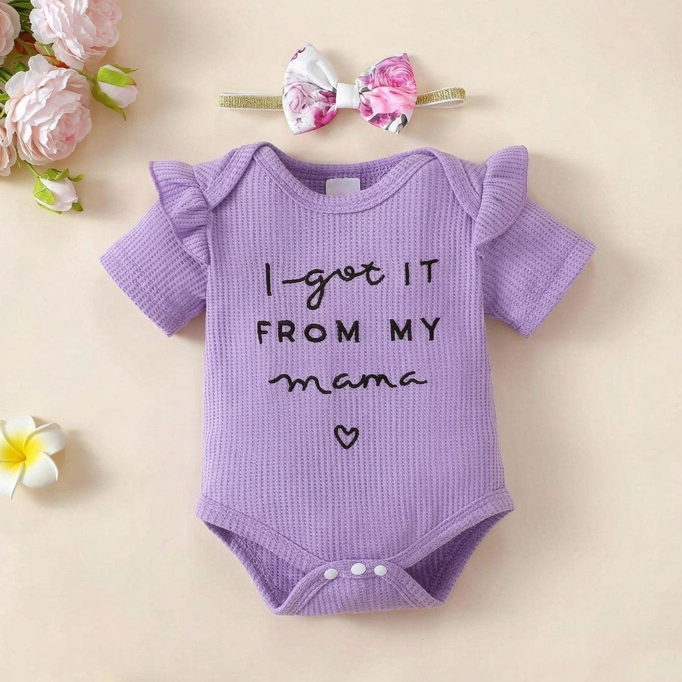 3PCS Adorable I Got It From My Letter Floral Printed Short Sleeve Baby Set