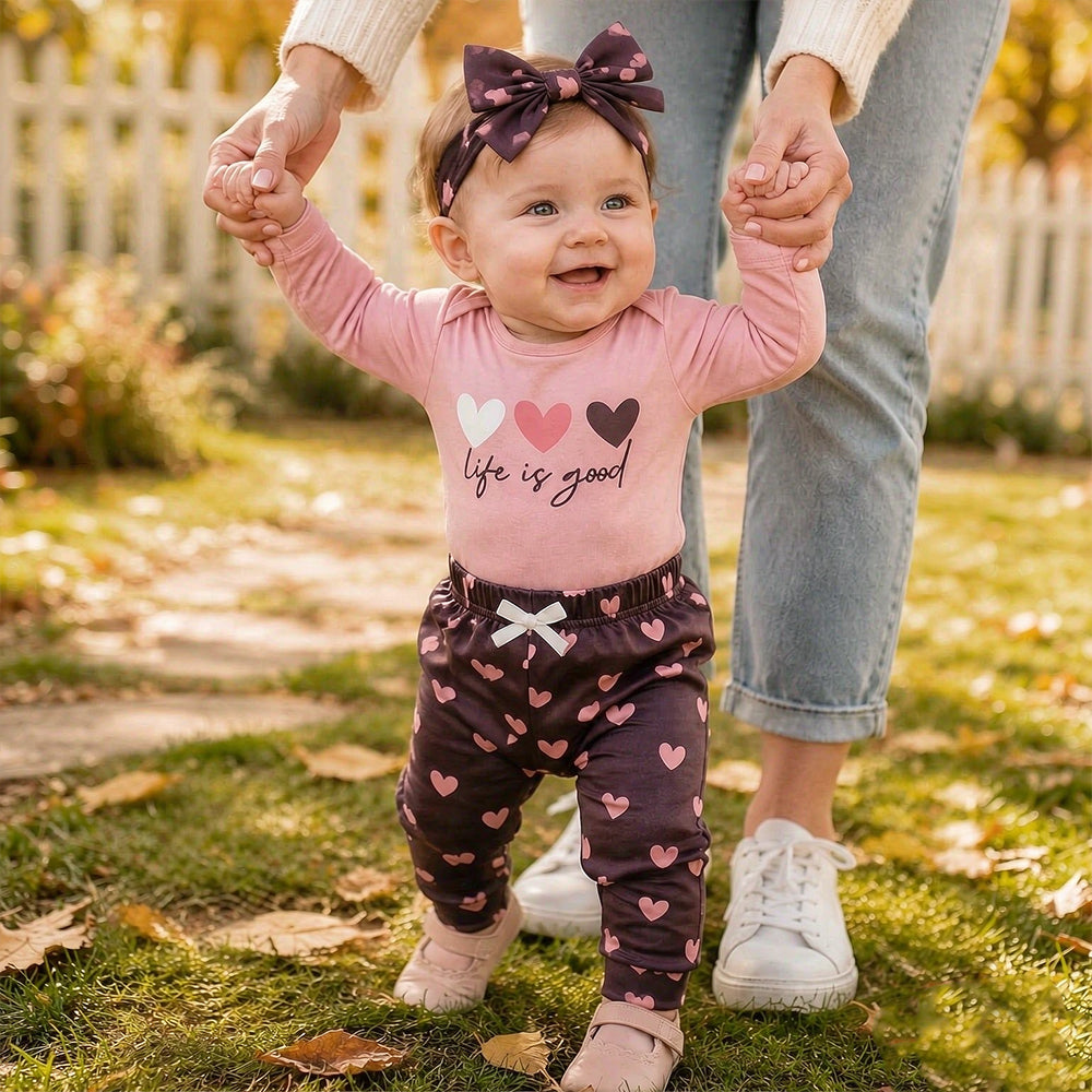 3PCS Cute Life Is Good Letter Heart Printed Baby Set