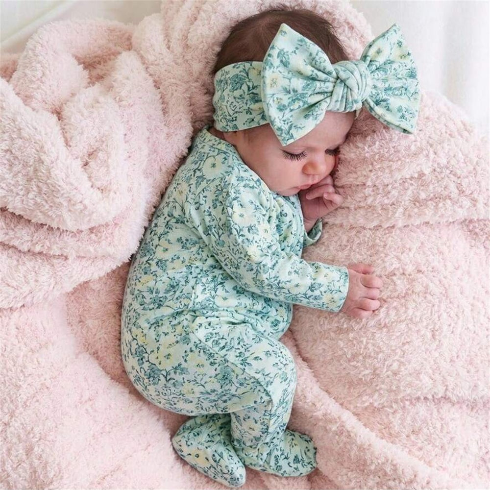 2PCS Neat Floral Printed Long Sleeve Baby Girl Jumpsuit