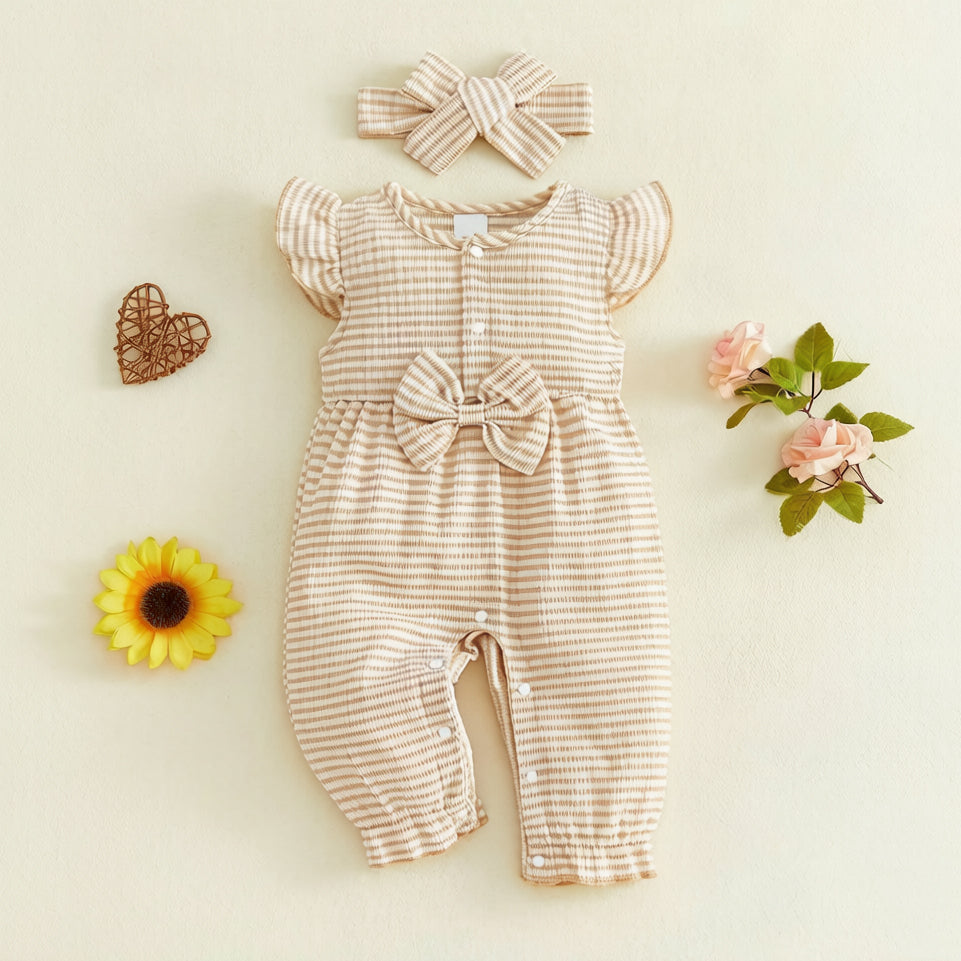 2PCS Stripe Printed Flutter Sleeve Baby Jumpsuit