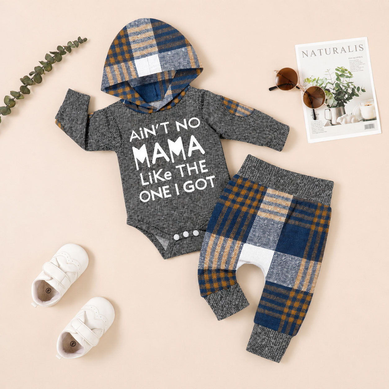 2PCS Cozy Ain't No Mama Letter Plaid Print Hoodie Long Sleeve Baby Set