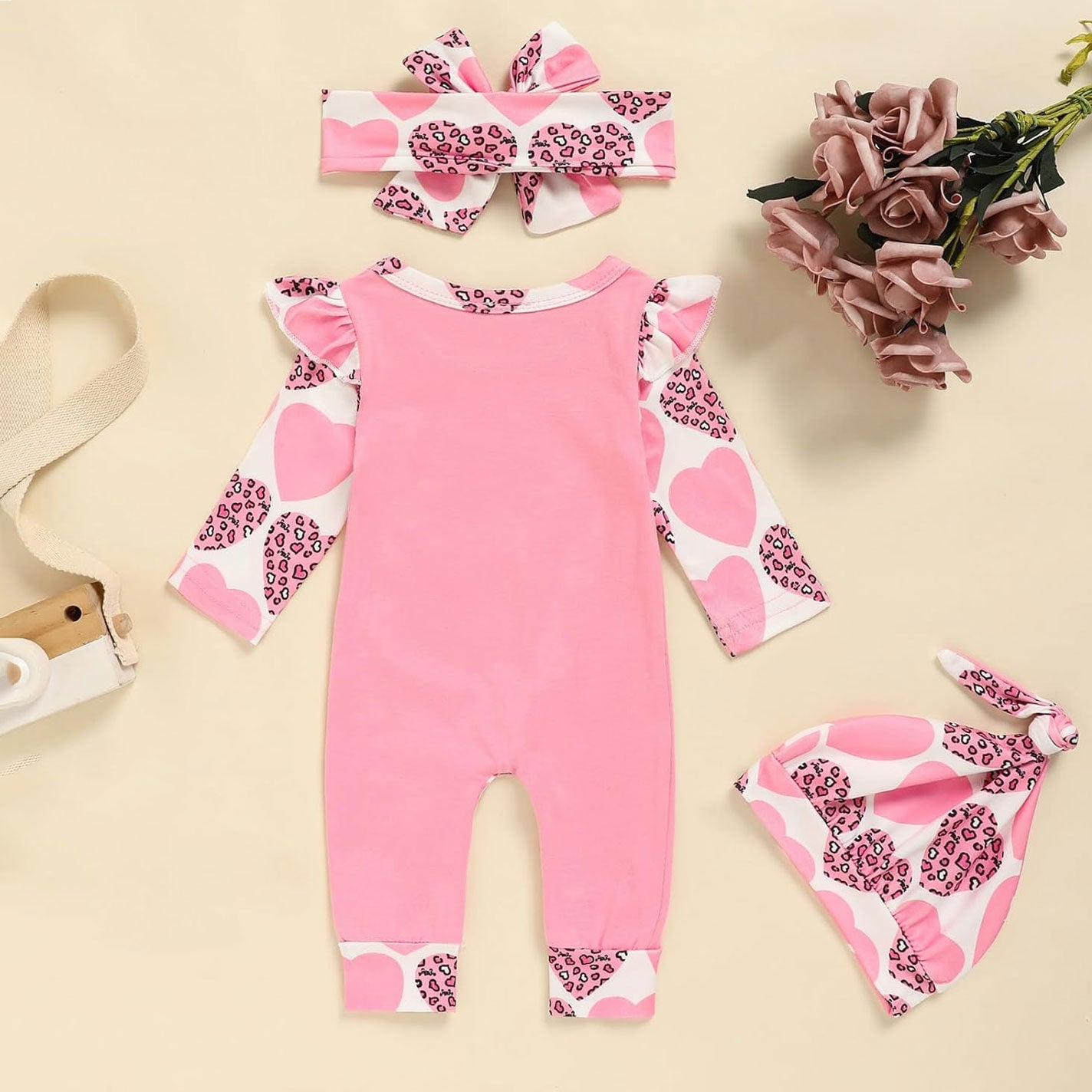 3PCS The Princess Has Arrived Letter Heart Leopard Printed Baby Jumpsuit