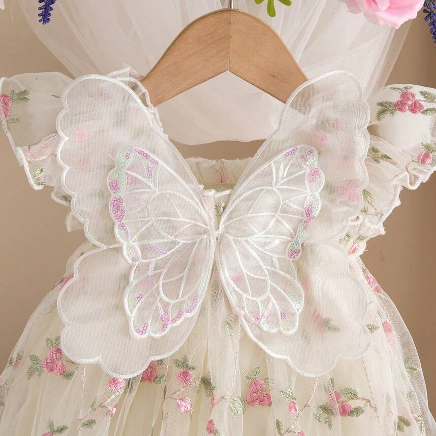 Baby Girl 3D Lace Butterfly Wings Tutu Dress with Floral Embroidery