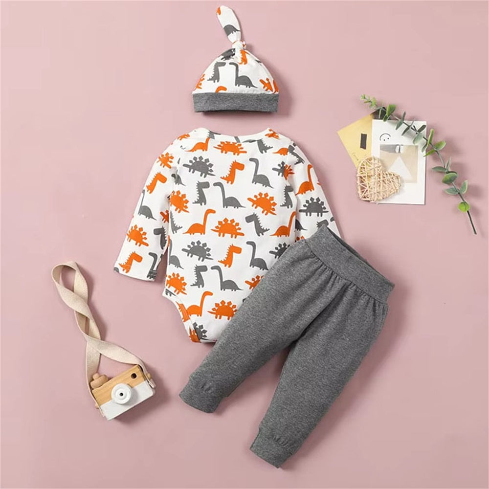 3PCS Casual Cartoon Dinosaur Print Long Sleeve Baby Set