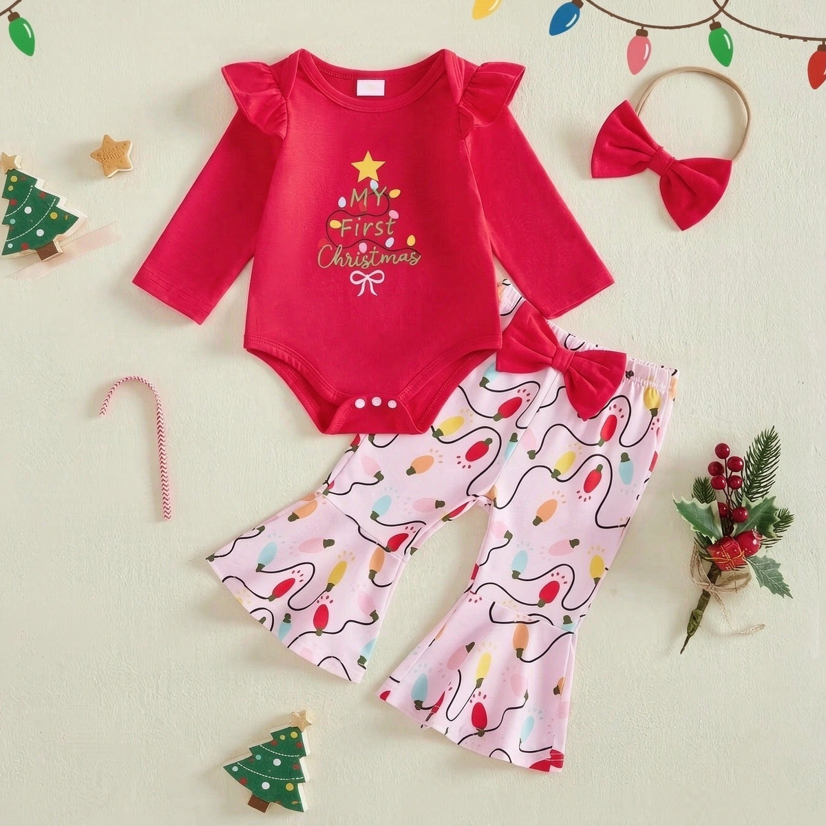 3PCS My First Christmas Letter Holiday Lights Print Long Sleeve Baby Set