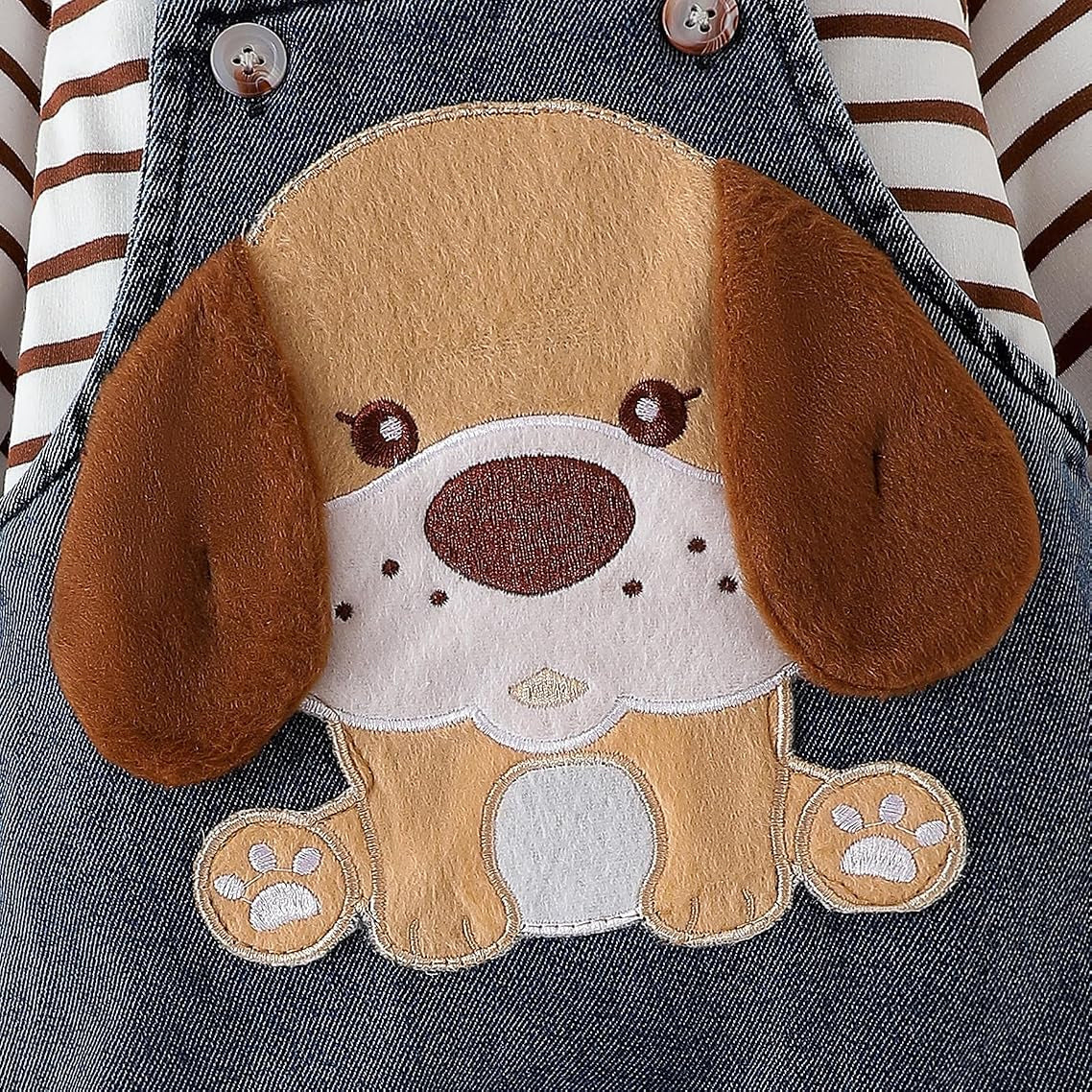 2PCS Timeless Dog Applique Stripe Printed Denim Overalls Baby Set