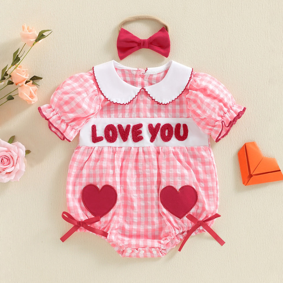 2PCS Love You Flocked Letter Embroidery Plaid Print Baby Romper