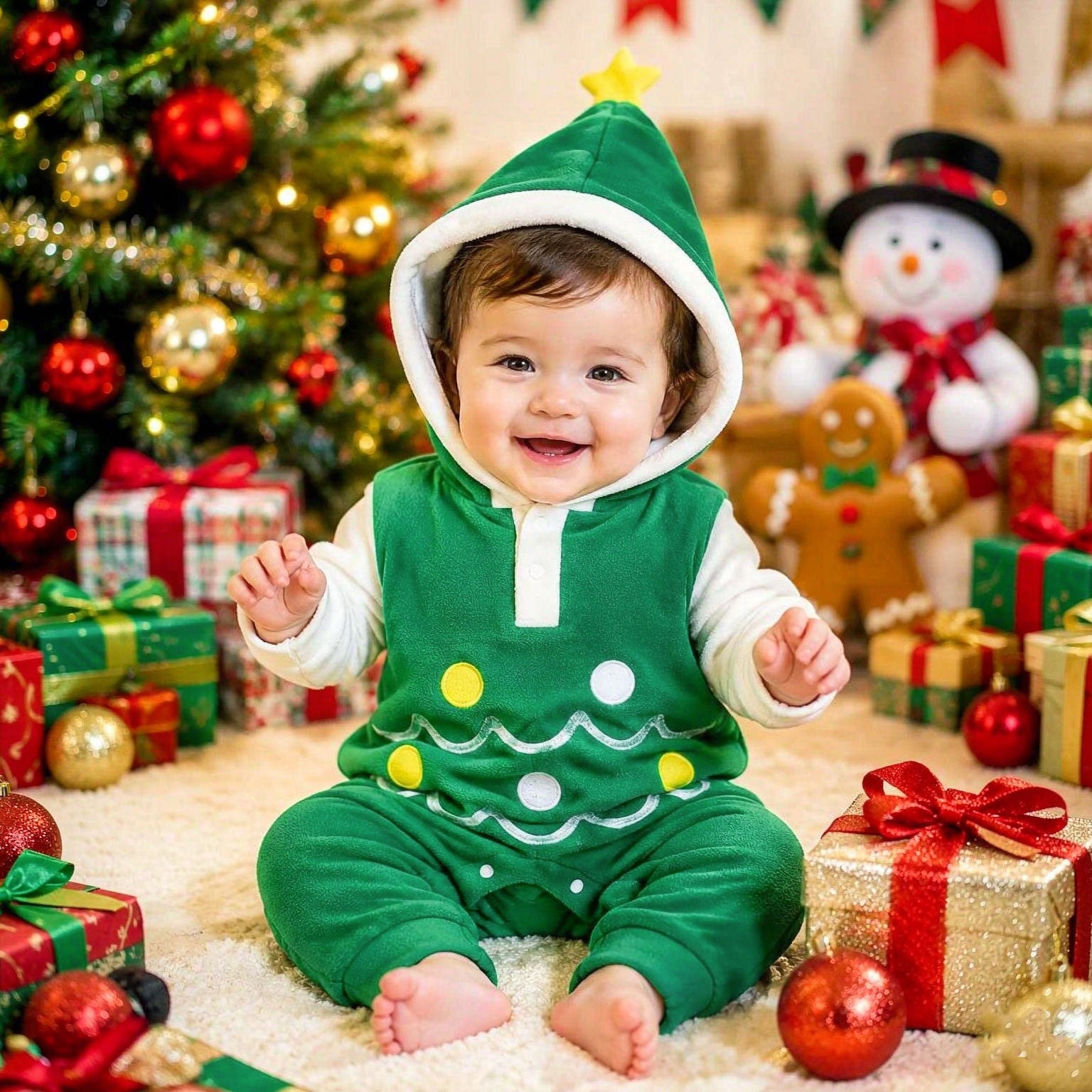 Cartoon Christmas Tree Fleece Long Sleeve Hooded Baby Jumpsuit
