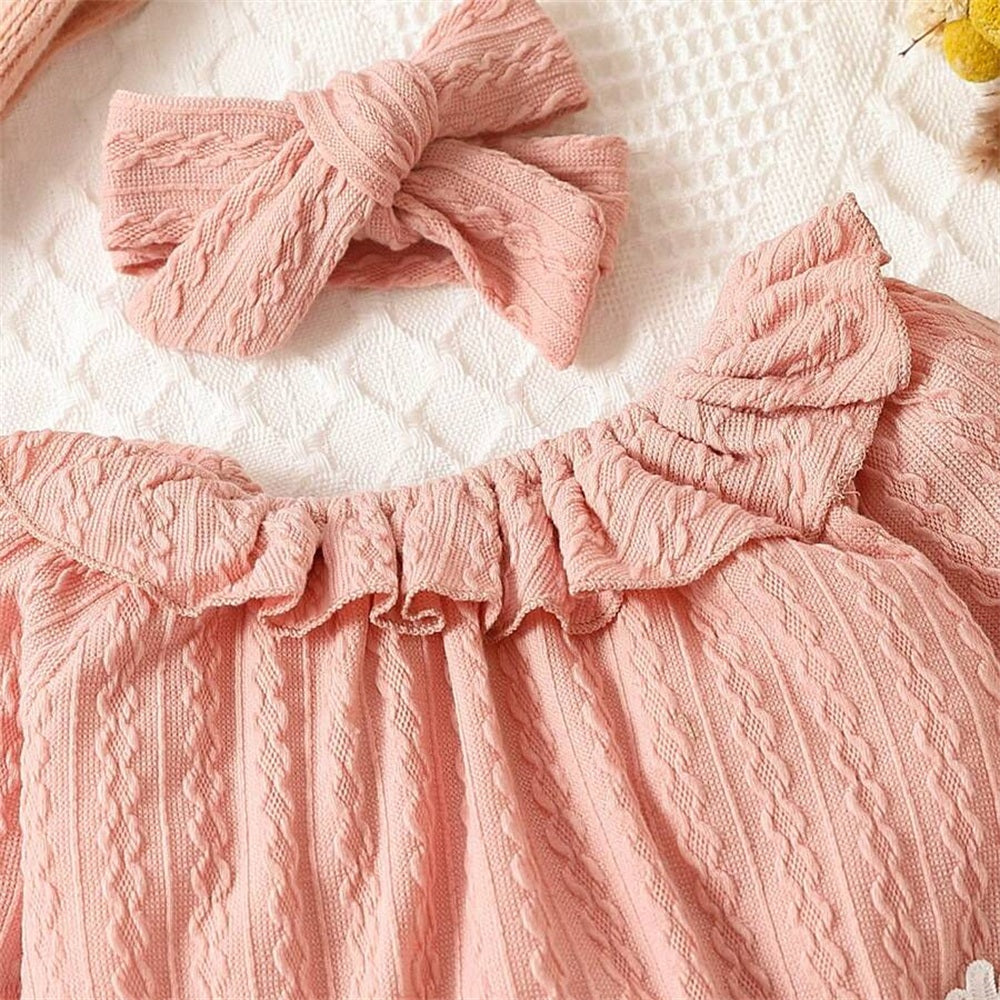 2PCS Lovely Solid Color Floral Appliqué Baby Jumpsuit
