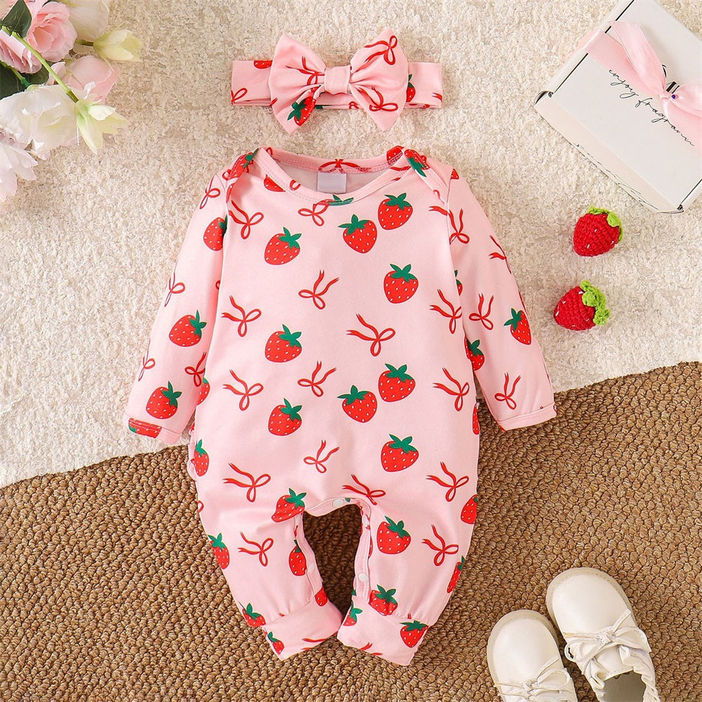 2PCS Cute Strawberry Printed Frill Long Sleeve Baby Jumpsuit