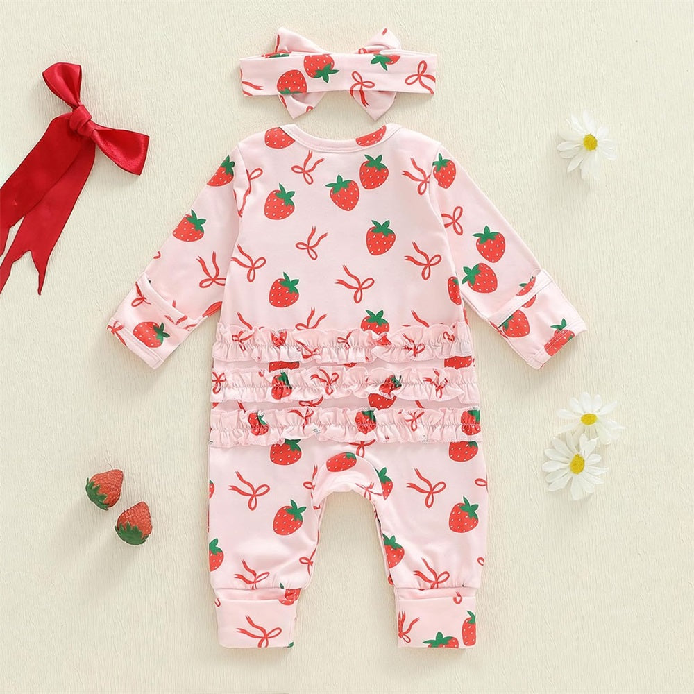 2PCS Sweet Strawberry Bow Print Long Sleeve Baby Jumpsuit