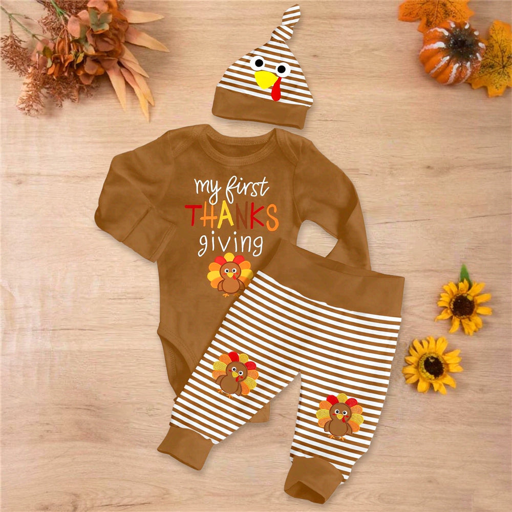 3PCS Lovely My 1st Thanksgiving Letter Turkey Stripe Print Baby Set