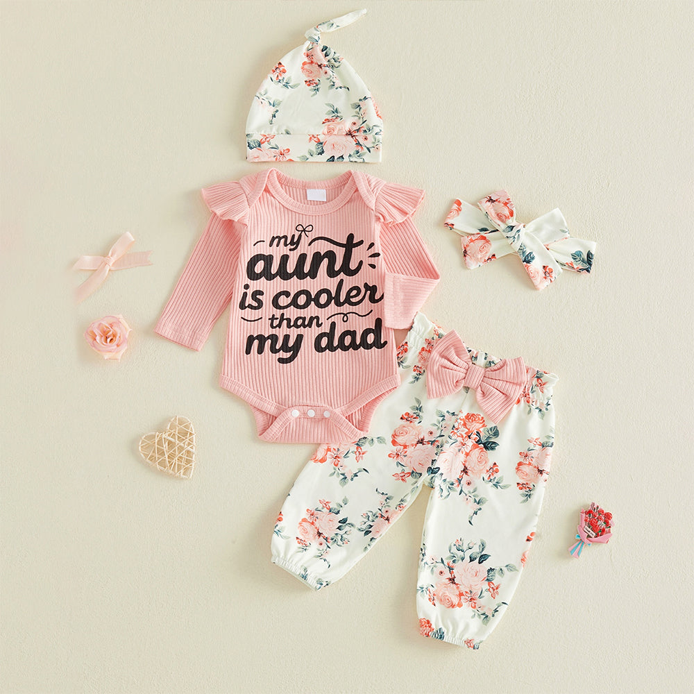 4PCS My Aunt Is Cooler Than My Dad Letter Floral Print Baby Set