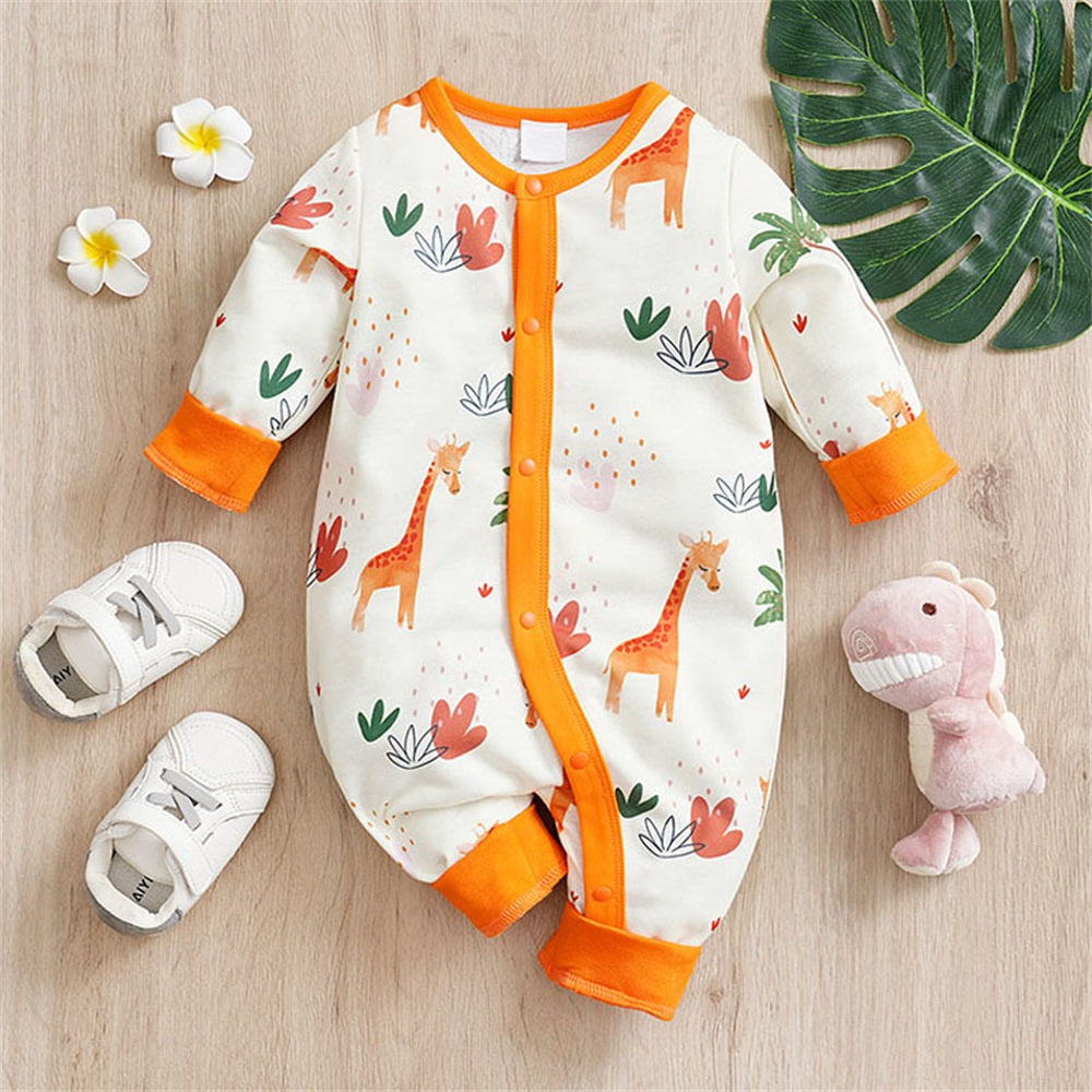 Casual Giraffe Print Long Sleeve Baby Jumpsuit