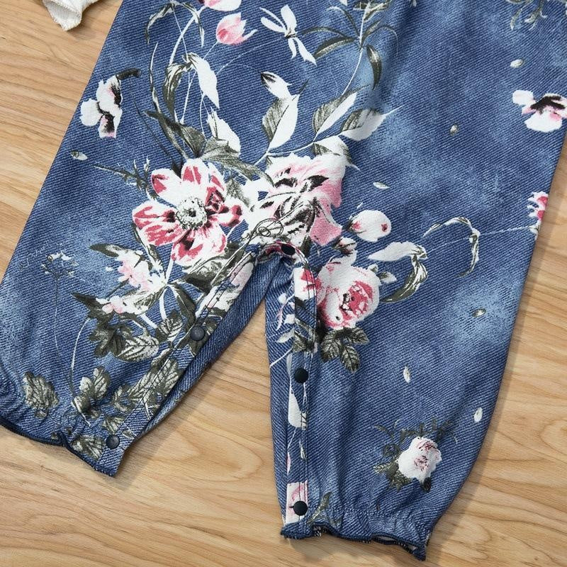Vintage Baby Girl Floral Print Faux Two Piece Long Sleeve Jumpsuit