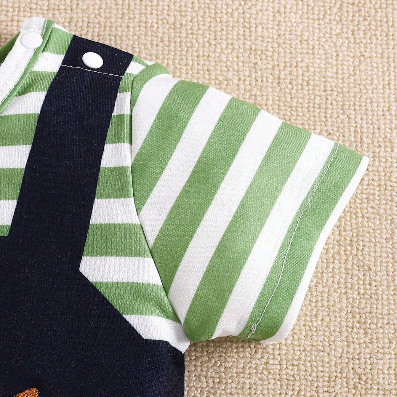 Cute Dinosaur Embroidery Patch Stripe Printed Baby Jumpsuit