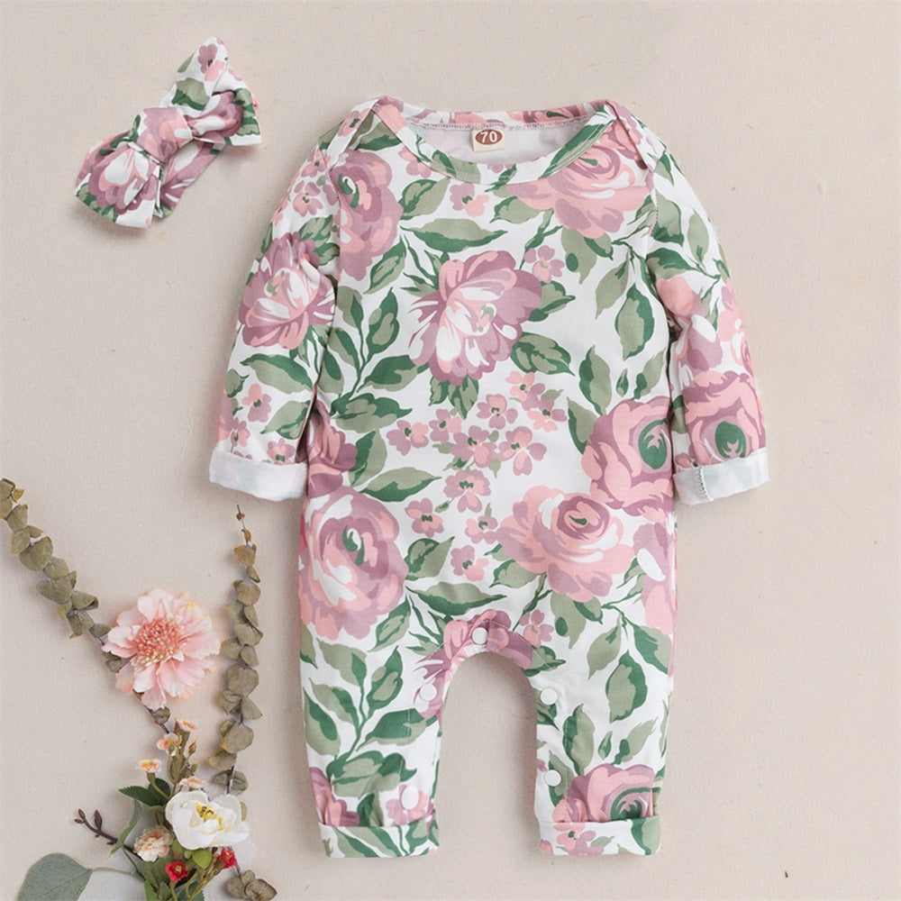2PCS Fashion Casual Floral Print Long Sleeve Baby Jumpsuit