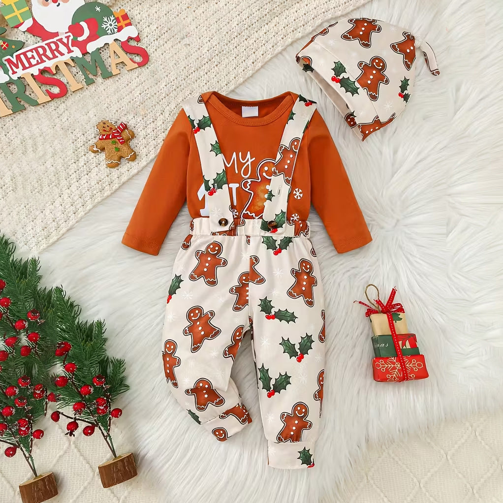 3PCS My First Christmas Letter Gingerbread Printed Overalls Baby Set