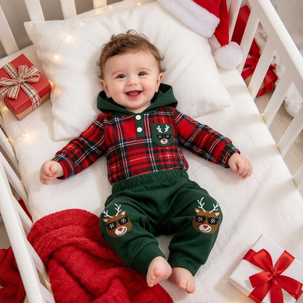 2PCS Baby Boy Embroidered Reindeer Plaid Print Hoodie Set