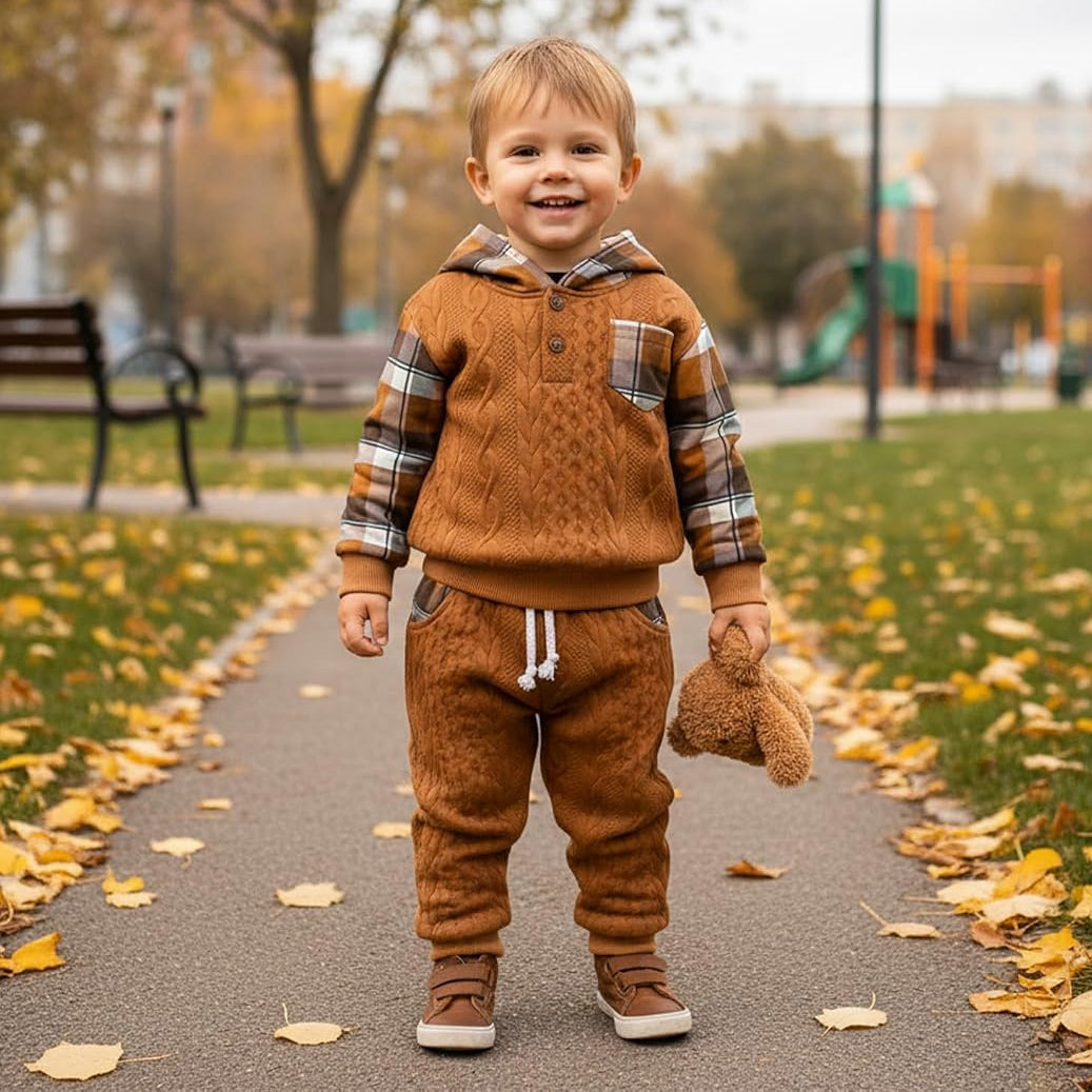 2PCS Vintage Plaid Print Long Sleeve Hoodie Baby Boy Set