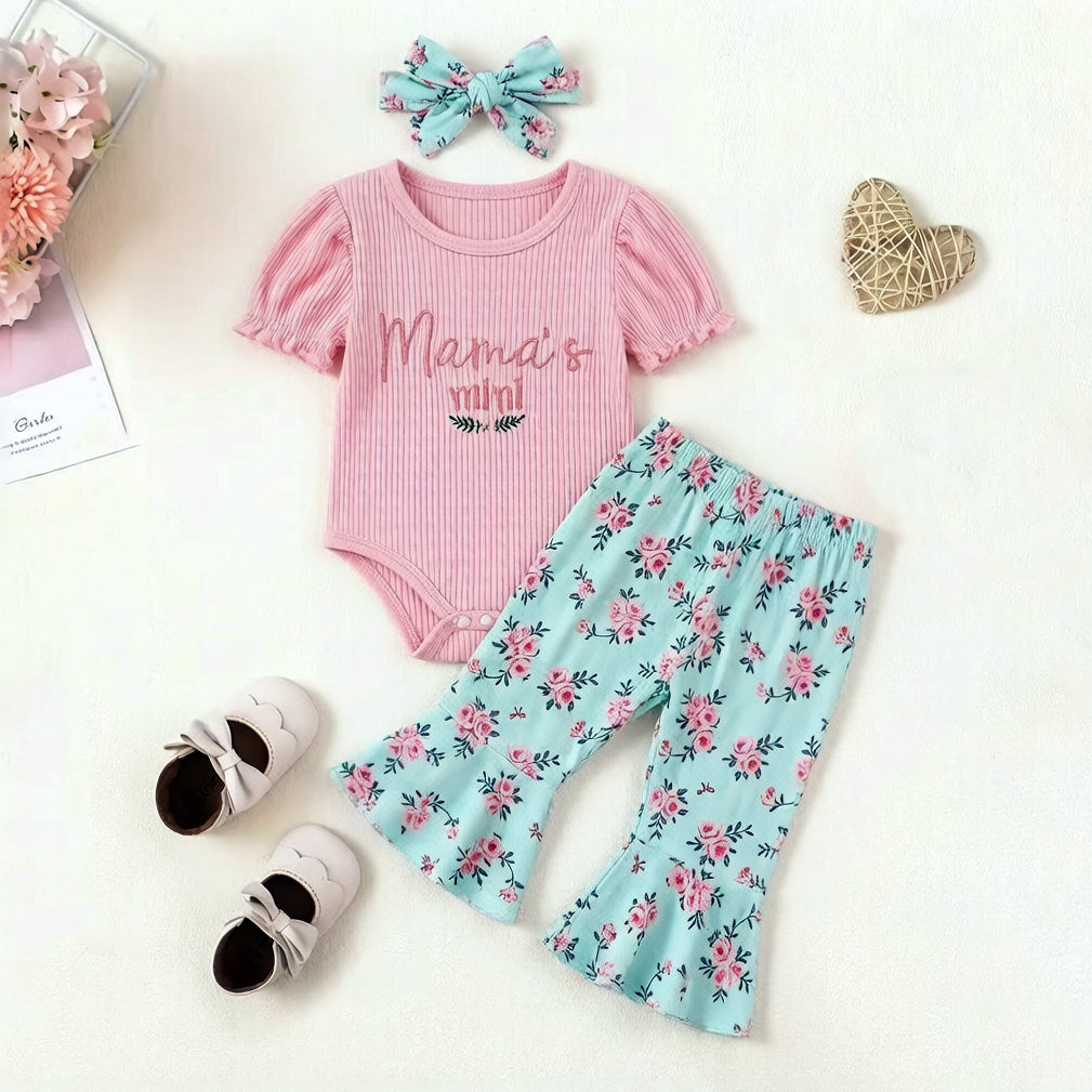 3PCS Mama's Mini Letter Floral Print Short Sleeve Baby Set