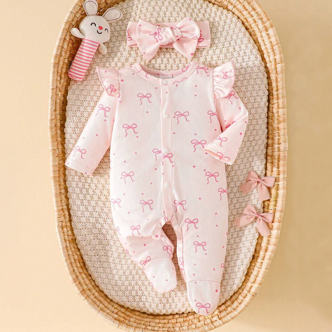 2PCS Dreamy Bow Printed Long Sleeve Baby Jumpsuit