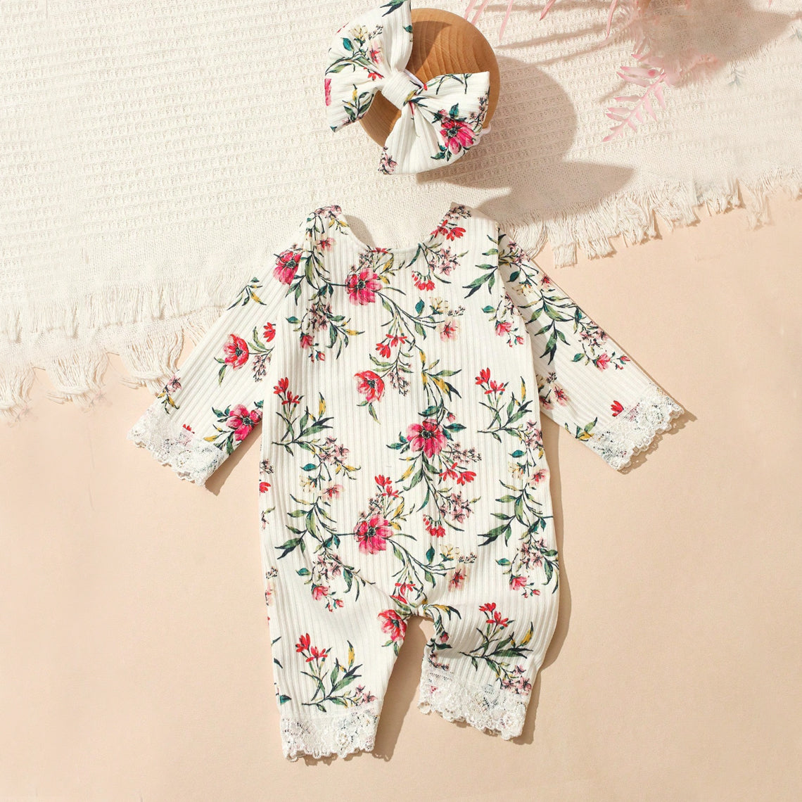 2PCS Sweet Floral Print Baby Girl Jumpsuit