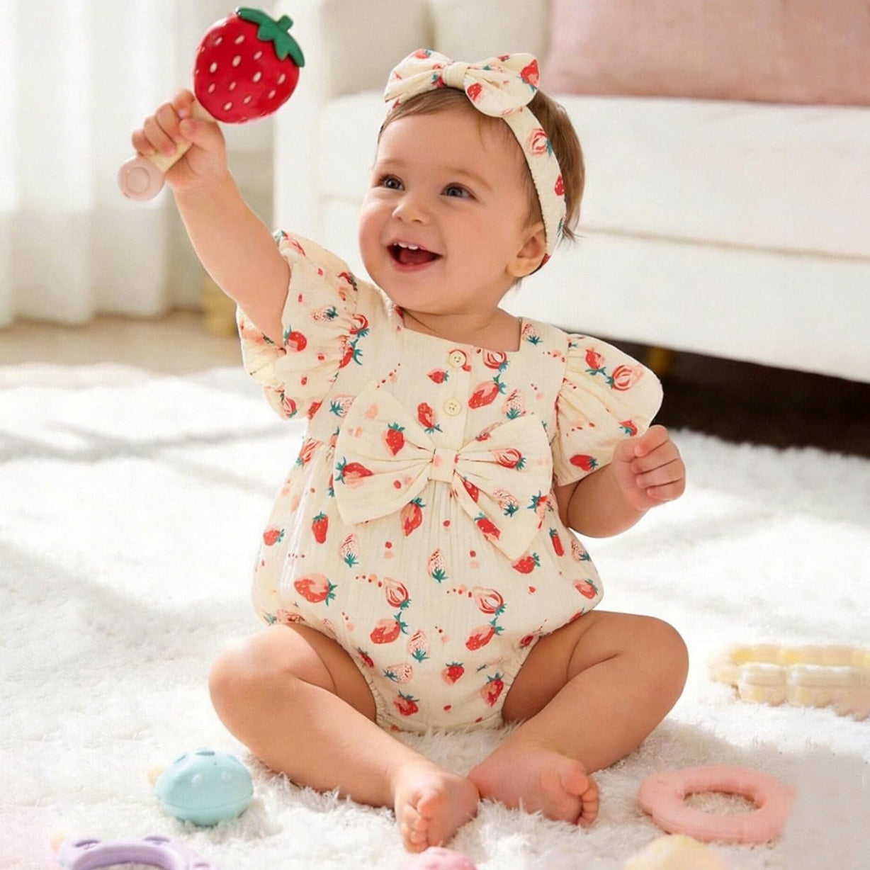 2PCS Cute Strawberry Print Bowknot Flutter Sleeve Baby Romper