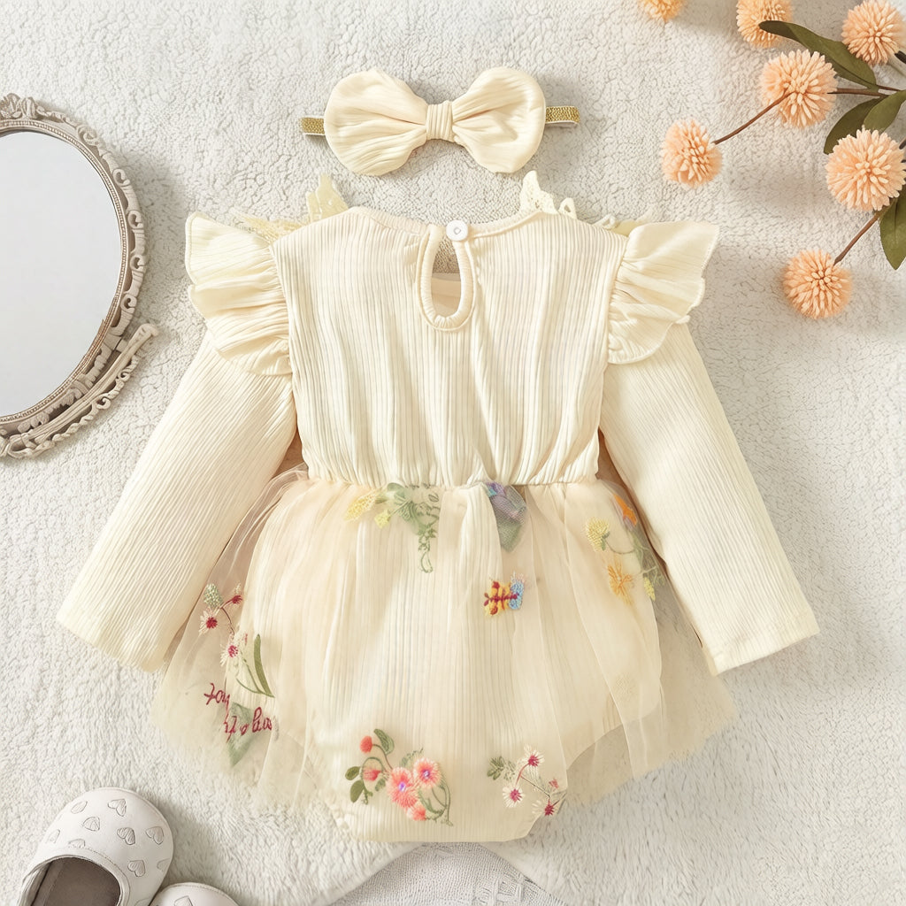 2PCS Pretty Floral Embroidery Long Sleeve Baby Romper