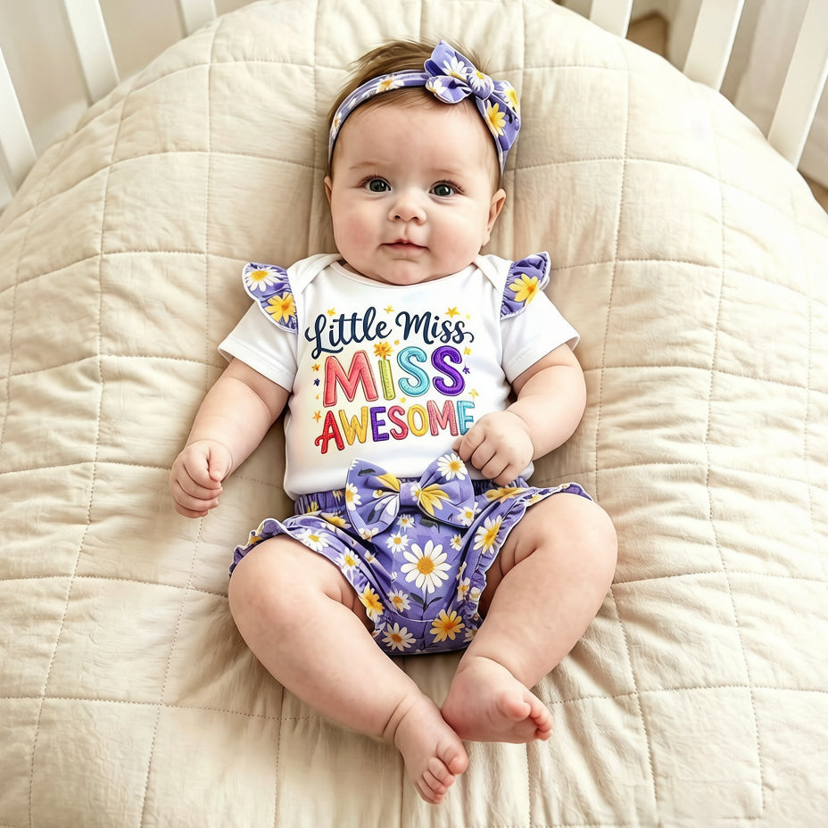 3PCS Miss Awesome Letter Daisy & Plaid Print Short Sleeve Baby Set