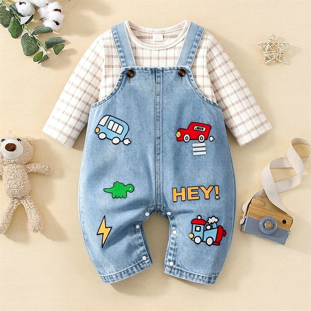 2PCS Casual Cartoon Printed Denim Overalls Baby Set