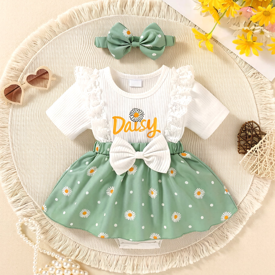 2PCS Sweet Daisy Print Short Sleeve Baby Romper