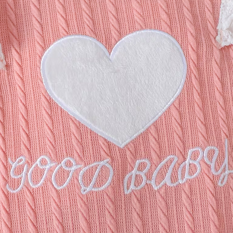 Good Baby Letter Heart Print Lace Ruffle Baby Jumpsuit