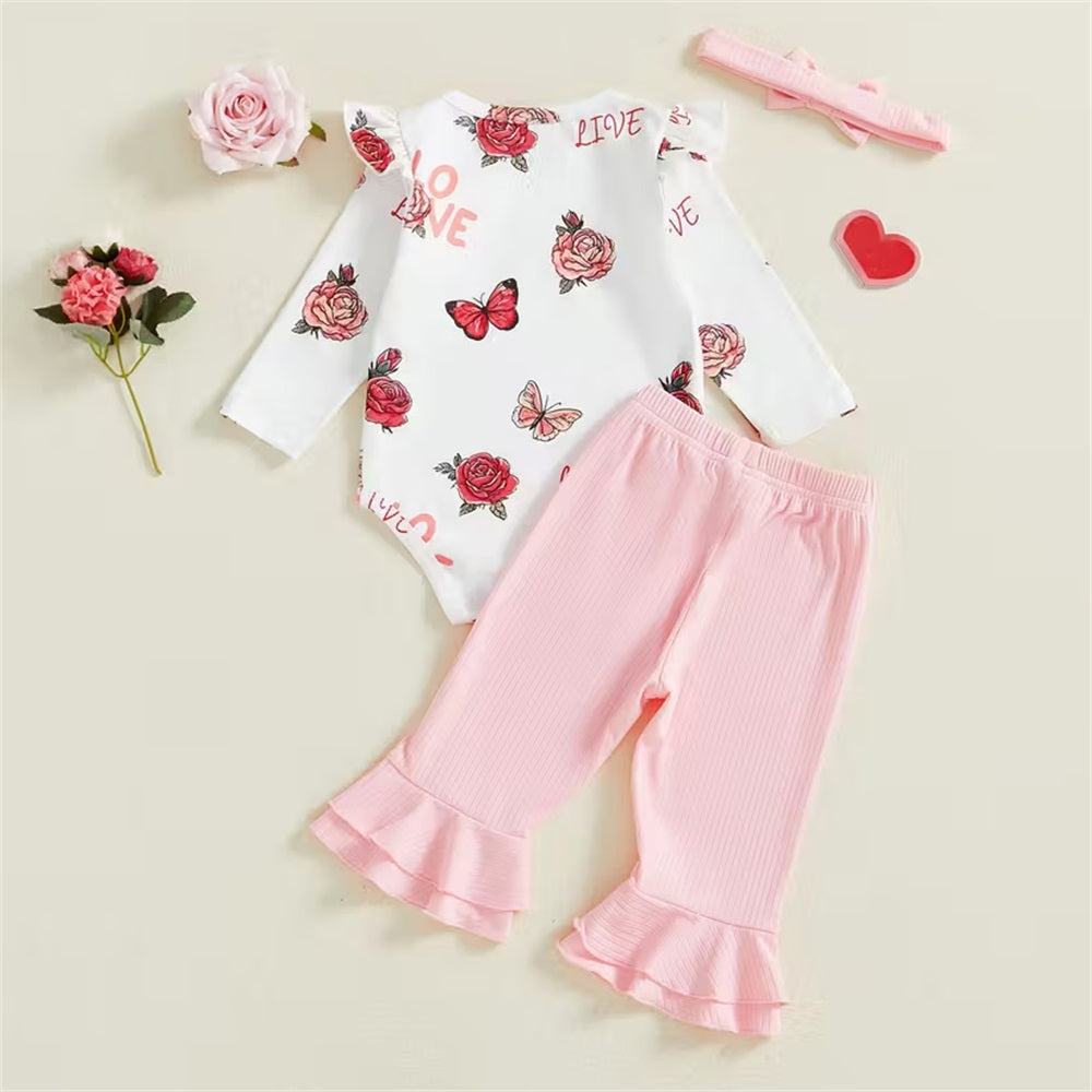 3PCS Butterfly and Rose Print Long Sleeve Baby Set