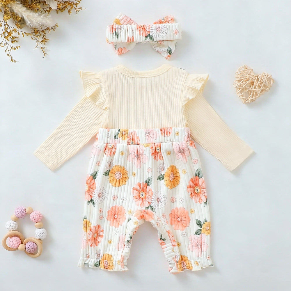 2PCS Pretty Floral Printed Faux Two Piece Long Sleeve Baby Jumpsuit