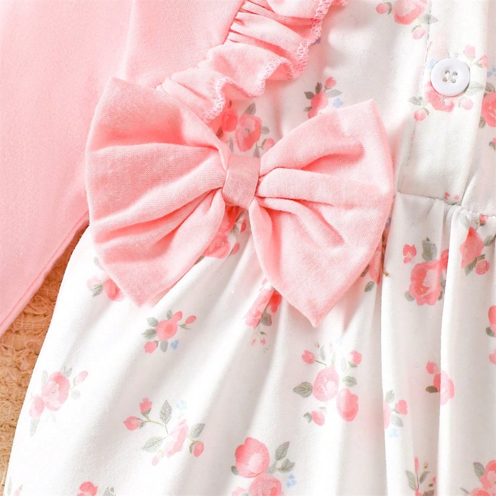 2PCS Sweet Floral Print Bow Decoration Baby Jumpsuit