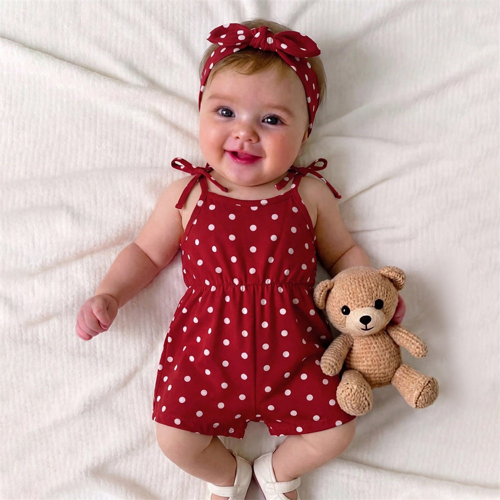 2PCS Fashion Polka Dot Printed Sleeveless Baby Jumpsuit