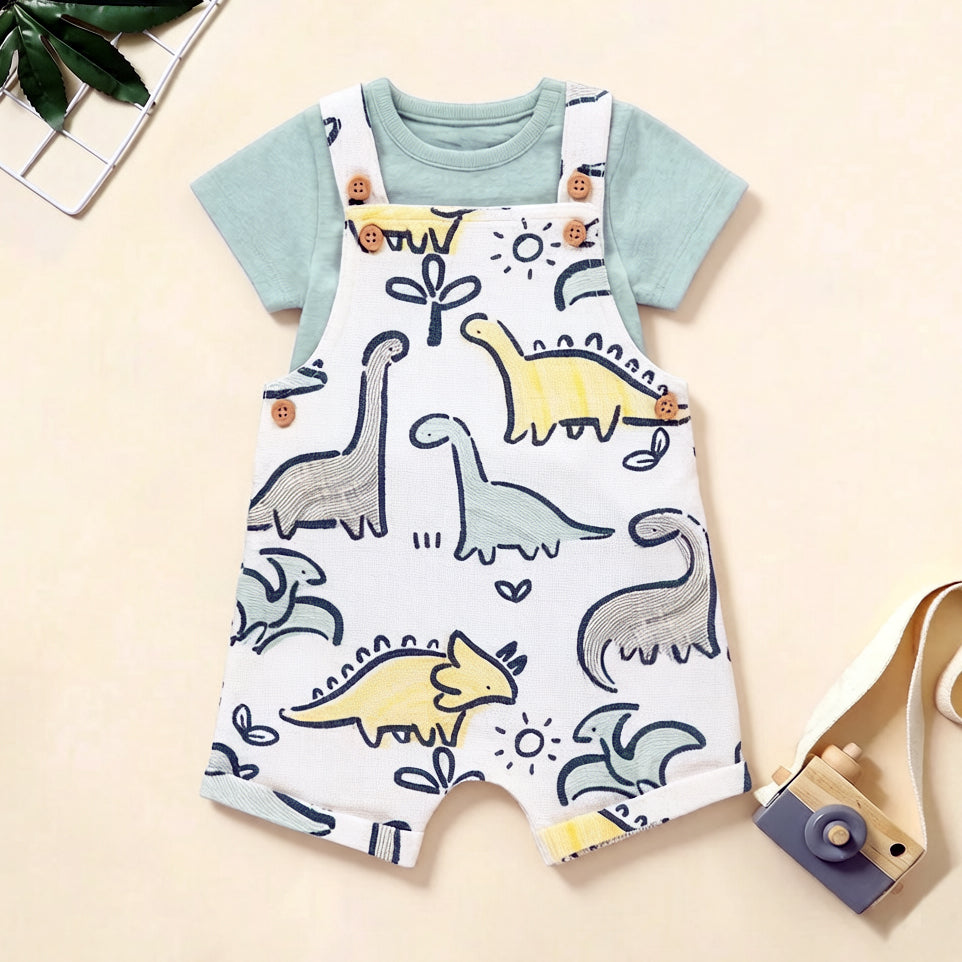 Cute Faux Two-Piece Dinosaur Print Short Sleeve Baby Jumpsuit