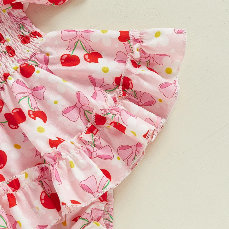 2PCS Cute Bowknot Cherry Printed Short Sleeve Baby Romper