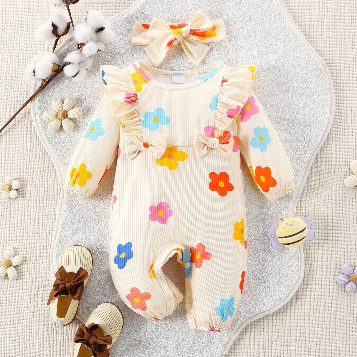 2PCS Bubbly Floral Print Long Sleeve Baby Girl Jumpsuit