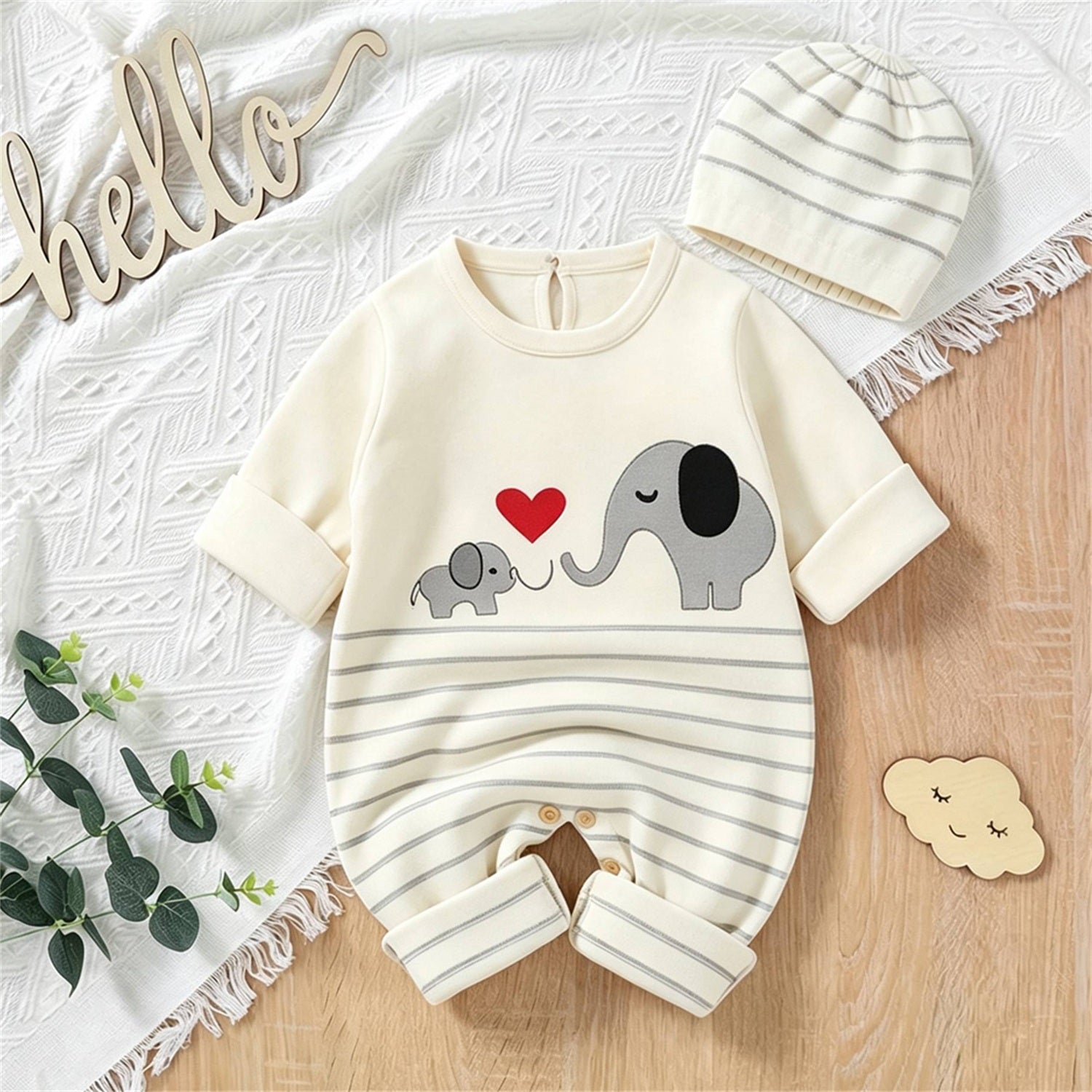 2PCS Cute Elephant Stripe Print Long Sleeve Baby Jumpsuit