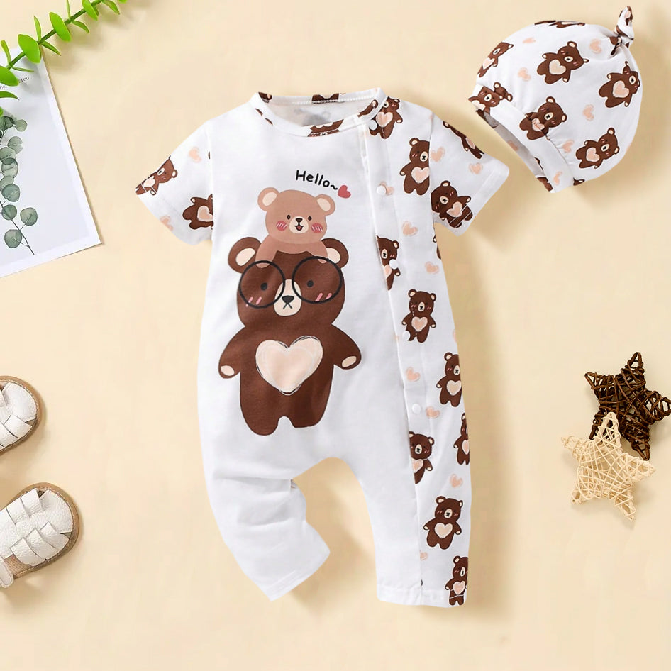 2PCS Hello Letter Bear Print Short Sleeve Baby Jumpsuit