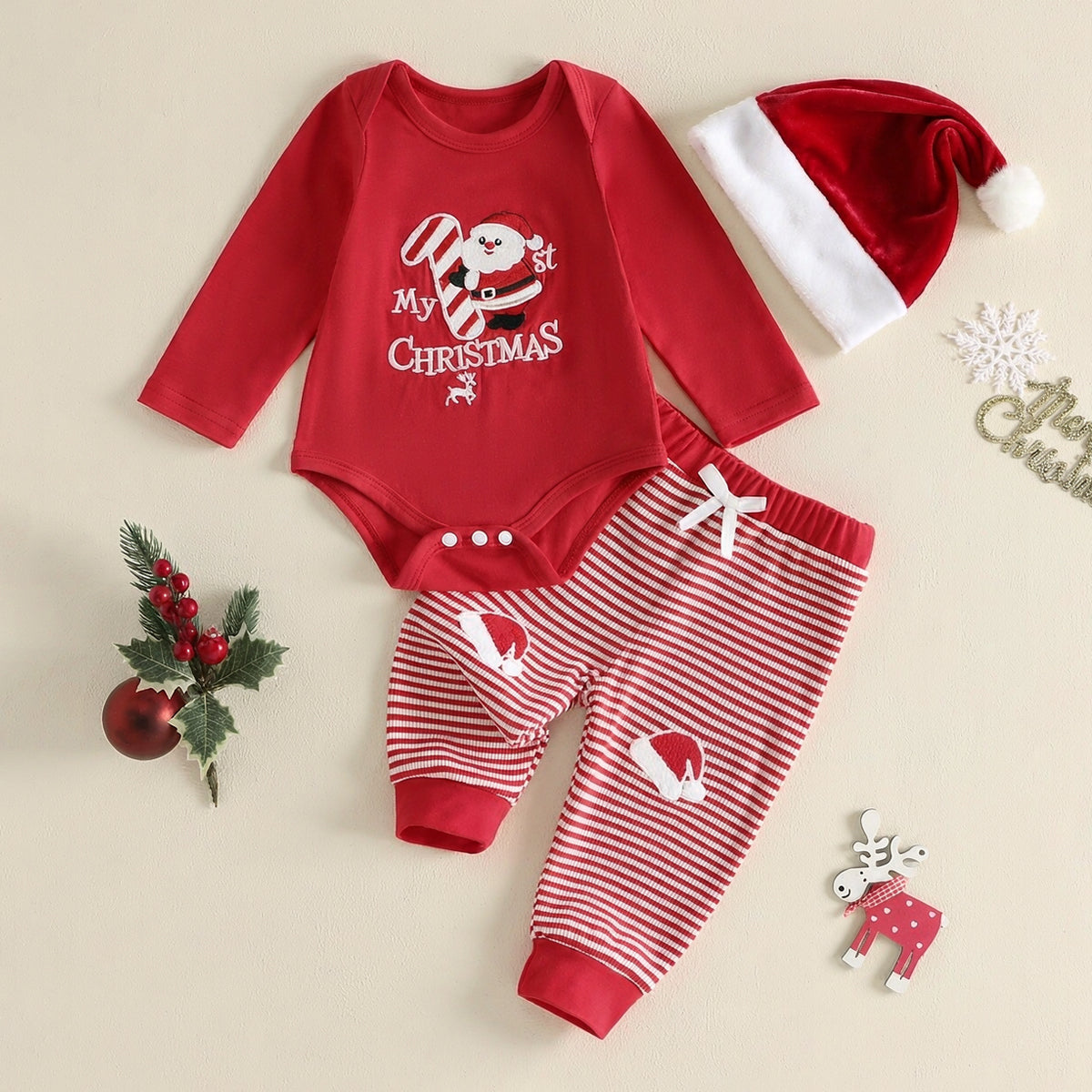 3PCS Cute My 1st Christmas Santa Letter Embroidery Striped Baby Set