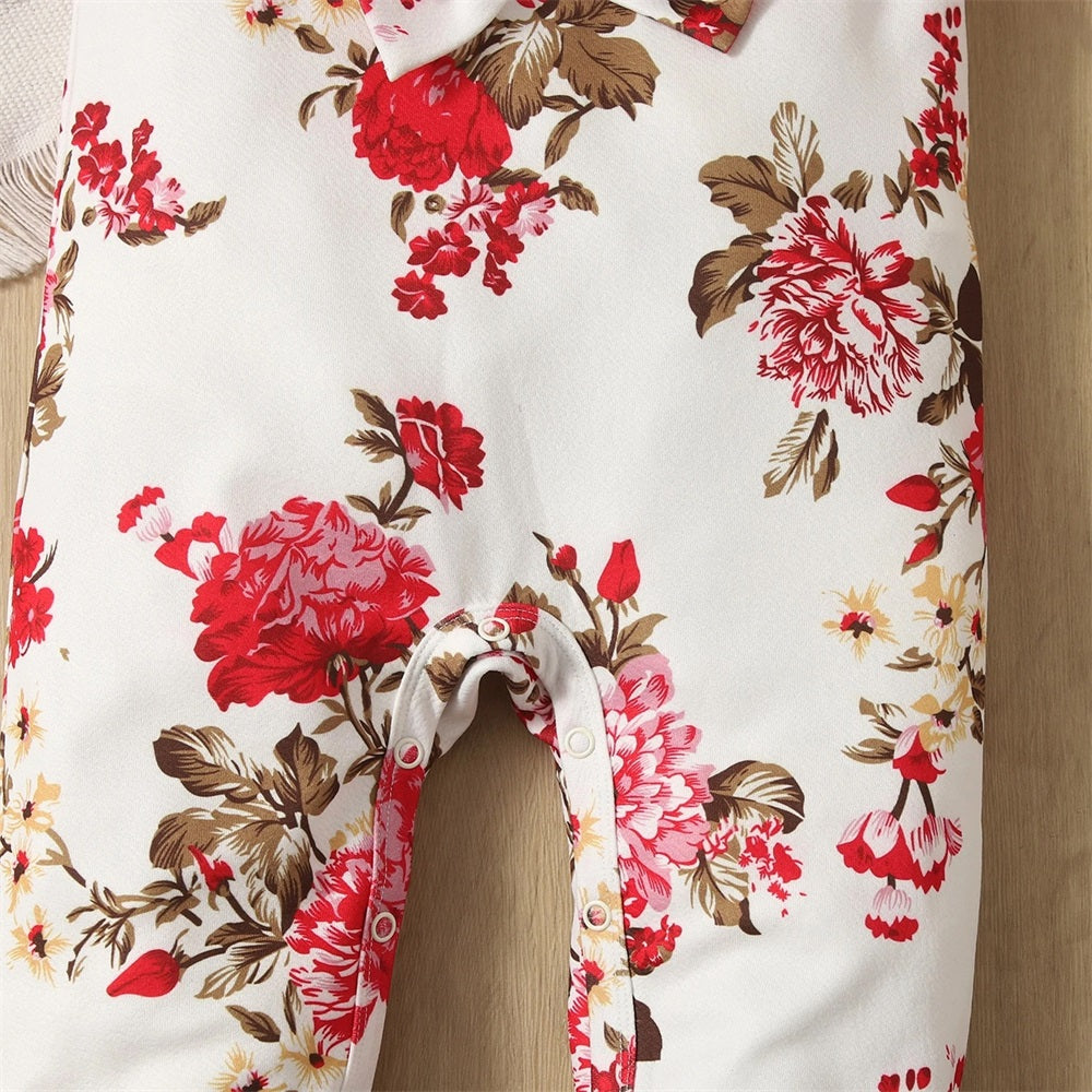 2PCS Floral Printed Bow Decoration Short Sleeve Baby Jumpsuit