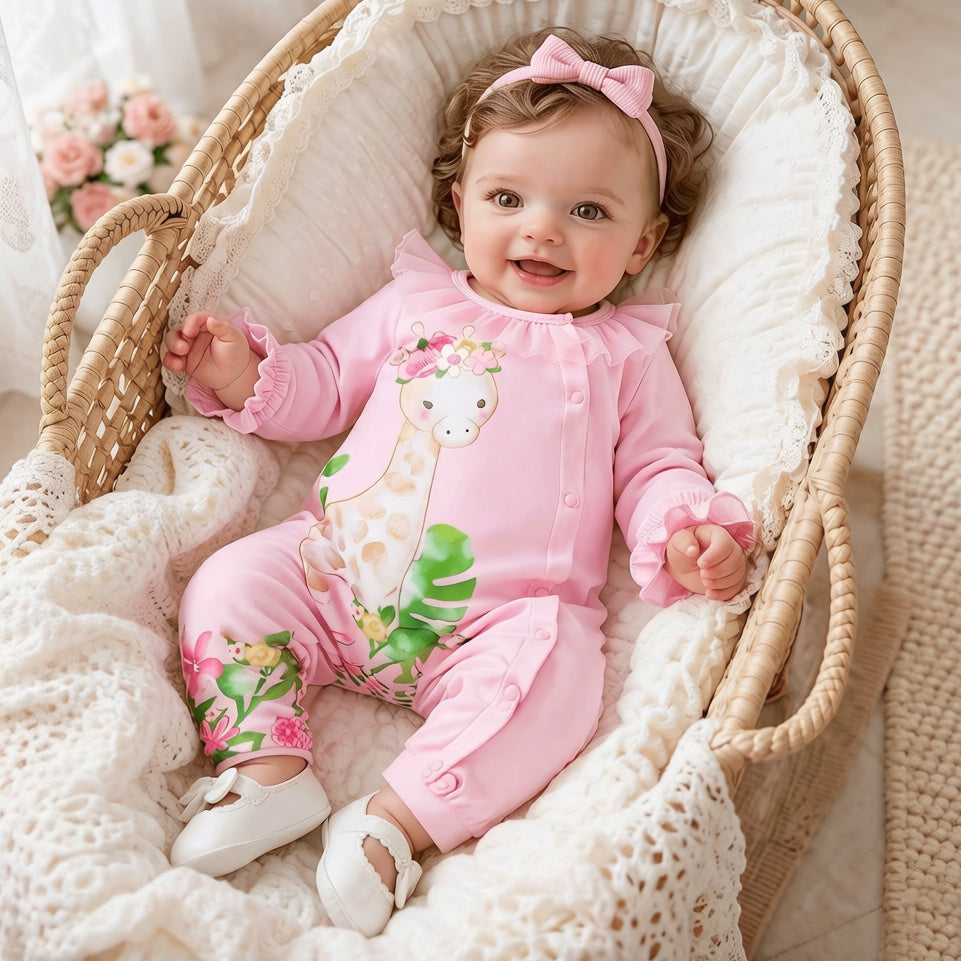 Sweet Giraffe Floral Print Long Sleeve Baby Jumpsuit