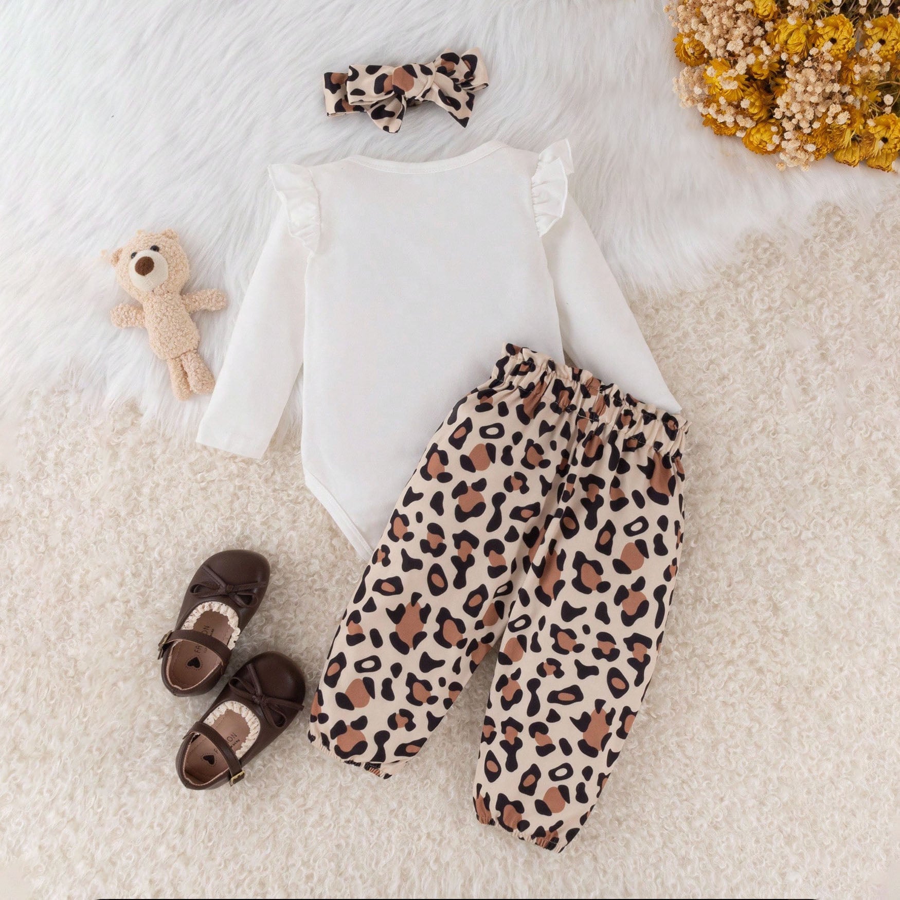 3PCS Fashion Bow Leopard Print Long Sleeve Baby Set