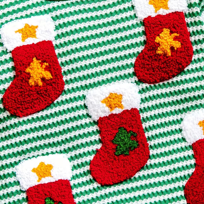 2PCS Lovely Christmas Sock Applique Striped Baby Girl Romper